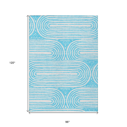 8' X 10' Teal and White Abstract Washable Non Skid Indoor Outdoor Area Rug