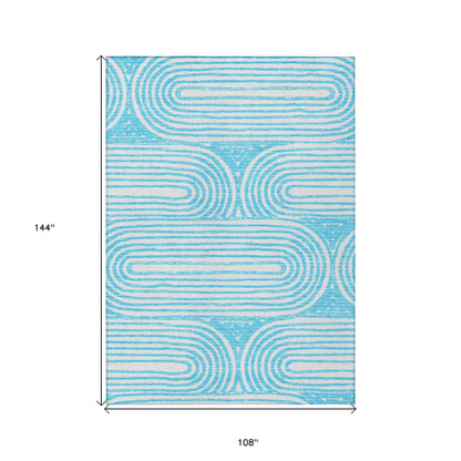 9' X 12' Teal and White Abstract Washable Non Skid Indoor Outdoor Area Rug