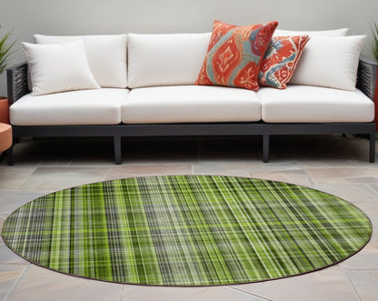 8' X 8' Green Black and Gray Round Plaid Washable Non Skid Indoor Outdoor Area Rug