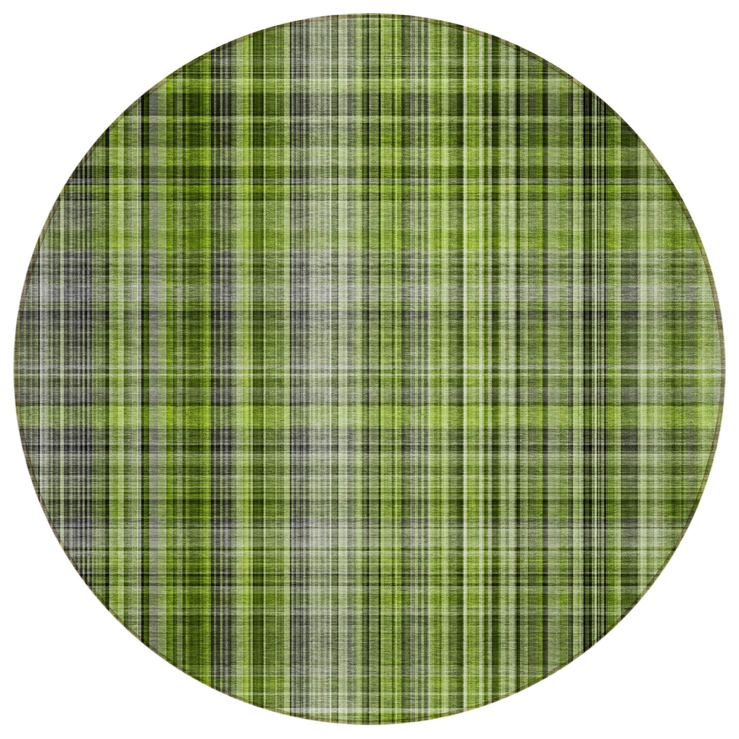 8' X 8' Green Black and Gray Round Plaid Washable Non Skid Indoor Outdoor Area Rug