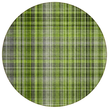 8' X 8' Green Black and Gray Round Plaid Washable Non Skid Indoor Outdoor Area Rug