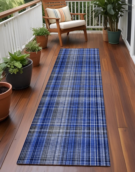 8' Runner Navy Blue Plaid Washable Non Skid Indoor Outdoor Runner Rug