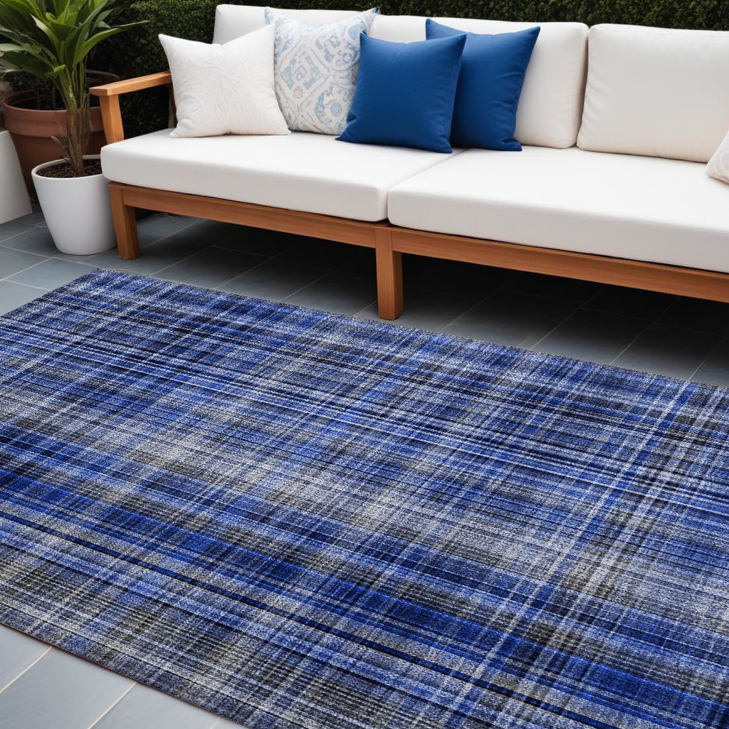 8' X 10' Navy Blue Plaid Washable Non Skid Indoor Outdoor Area Rug