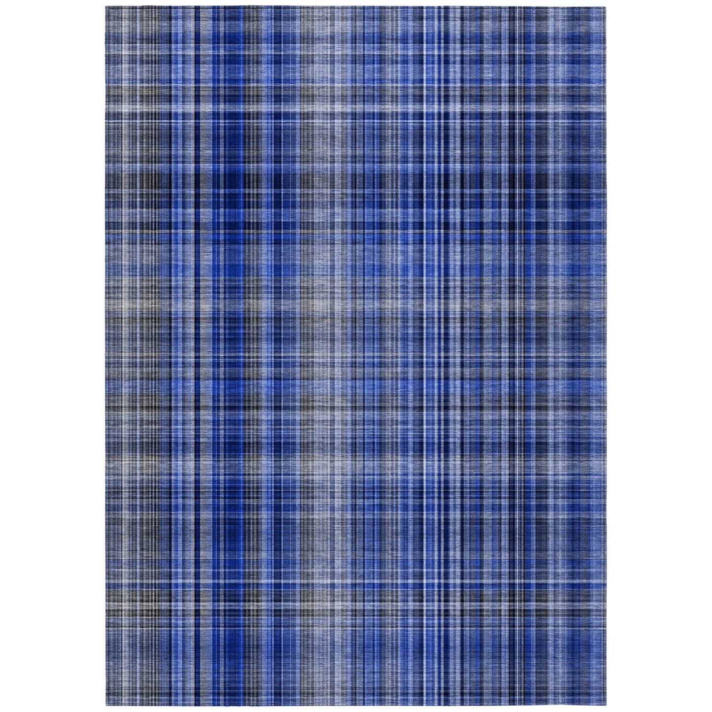 8' X 10' Navy Blue Plaid Washable Non Skid Indoor Outdoor Area Rug