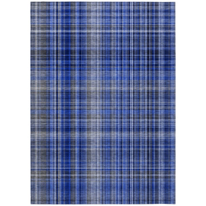 8' X 10' Navy Blue Plaid Washable Non Skid Indoor Outdoor Area Rug