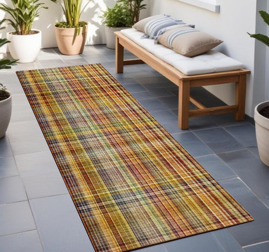 8' Runner Orange Plaid Washable Non Skid Indoor Outdoor Runner Rug