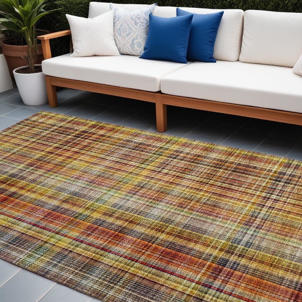 8' X 10' Orange Plaid Washable Non Skid Indoor Outdoor Area Rug