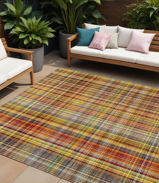 9' X 12' Yellow Orange and Brown Plaid Washable Non Skid Indoor Outdoor Area Rug