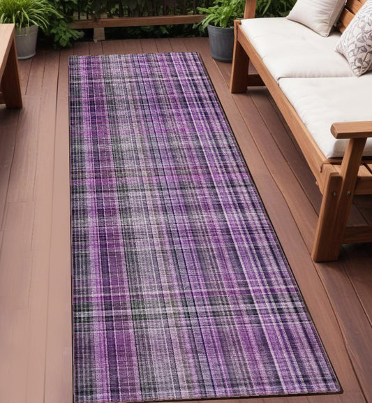 8' Runner Purple Plaid Washable Non Skid Indoor Outdoor Runner Rug