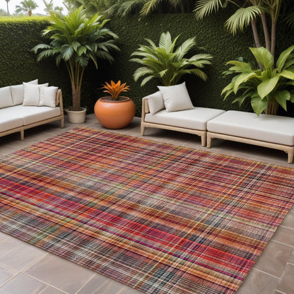 8' X 10' Red Plaid Washable Non Skid Indoor Outdoor Area Rug