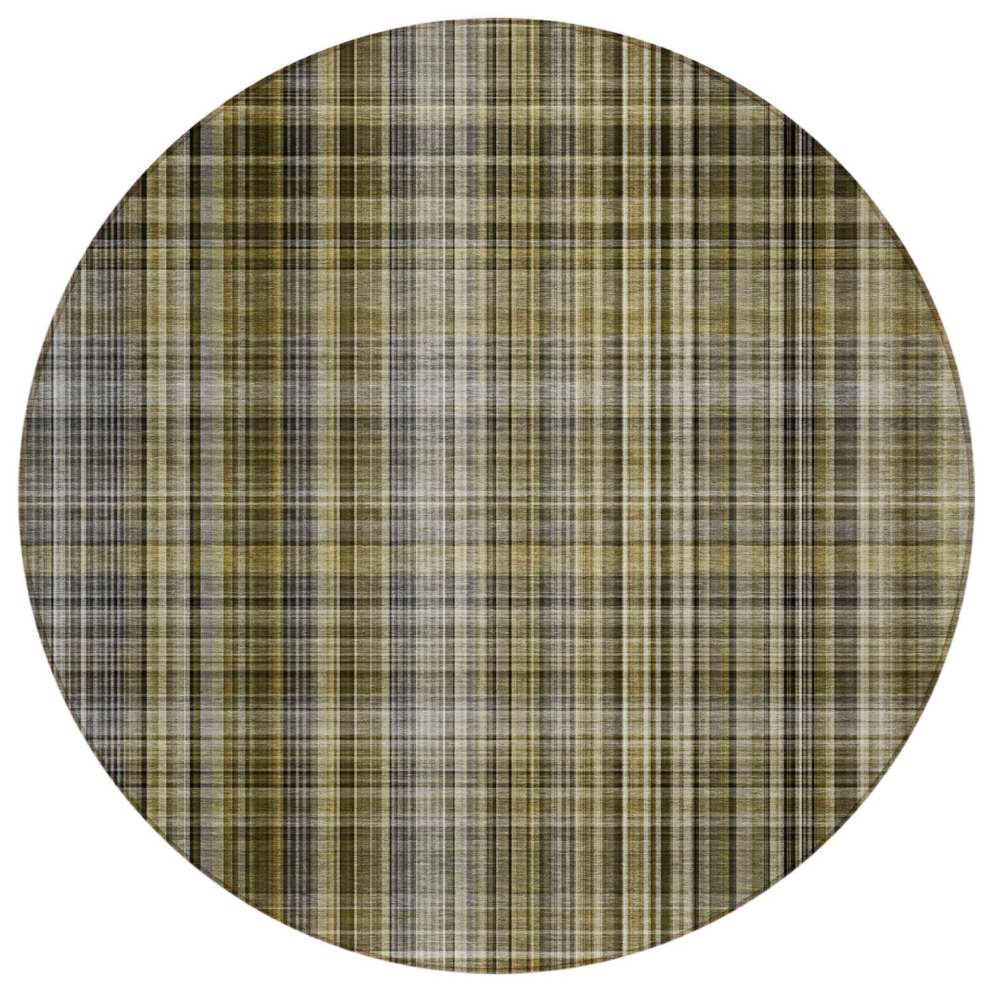 8' X 8' Green Beige and Gray Round Plaid Washable Non Skid Indoor Outdoor Area Rug