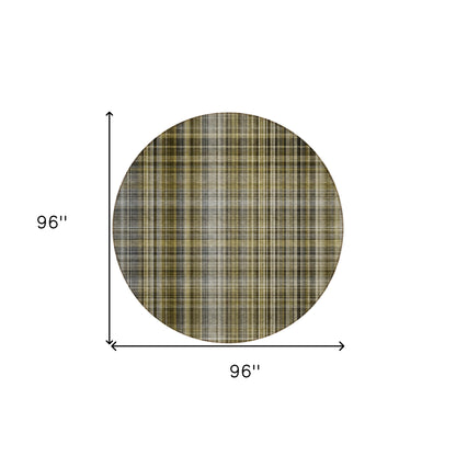 8' X 8' Green Beige and Gray Round Plaid Washable Non Skid Indoor Outdoor Area Rug