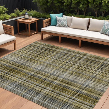 8' X 10' Green Beige and Gray Plaid Washable Non Skid Indoor Outdoor Area Rug