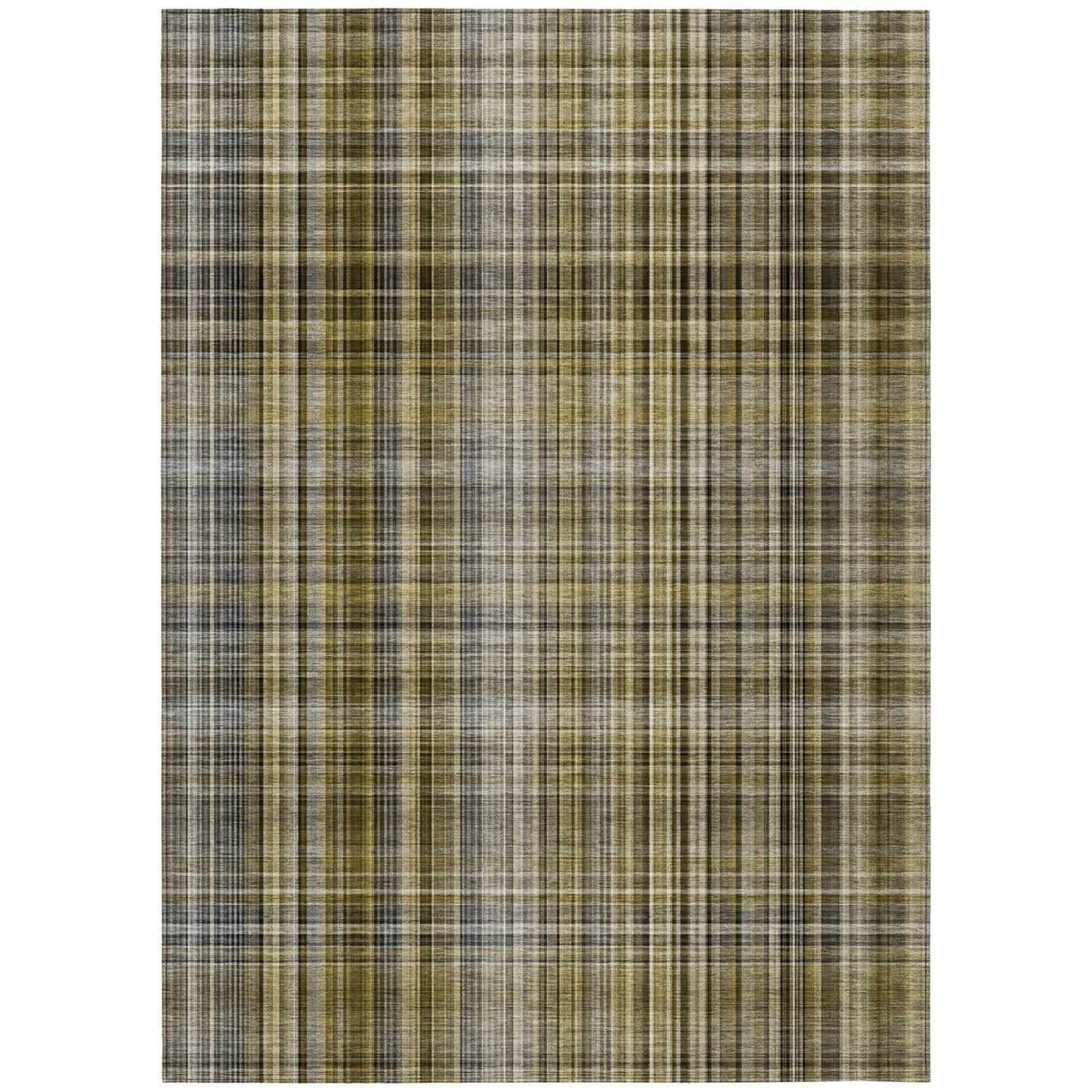 8' X 10' Green Beige and Gray Plaid Washable Non Skid Indoor Outdoor Area Rug