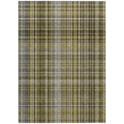 8' X 10' Green Beige and Gray Plaid Washable Non Skid Indoor Outdoor Area Rug