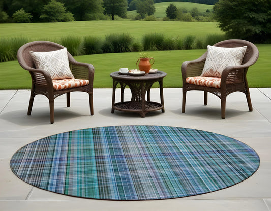 8' X 8' Blue Teal and Gray Round Plaid Washable Non Skid Indoor Outdoor Area Rug