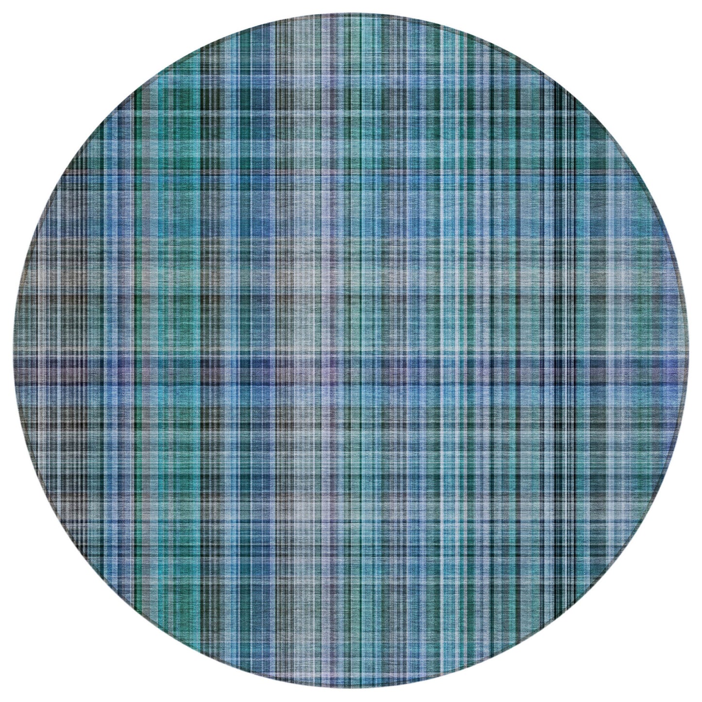 8' X 8' Blue Teal and Gray Round Plaid Washable Non Skid Indoor Outdoor Area Rug