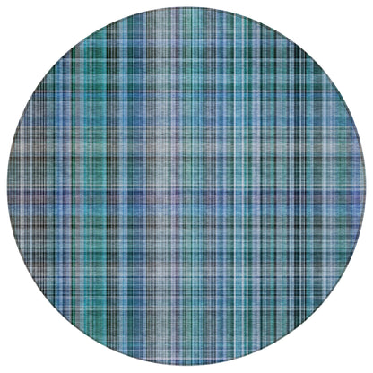 8' X 8' Blue Teal and Gray Round Plaid Washable Non Skid Indoor Outdoor Area Rug