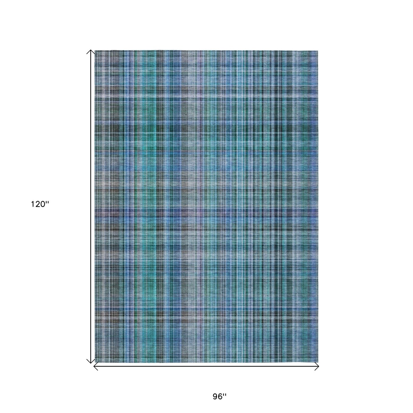 8' X 10' Blue Teal and Gray Plaid Washable Non Skid Indoor Outdoor Area Rug