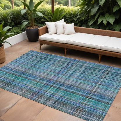 8' X 10' Blue Teal and Gray Plaid Washable Non Skid Indoor Outdoor Area Rug