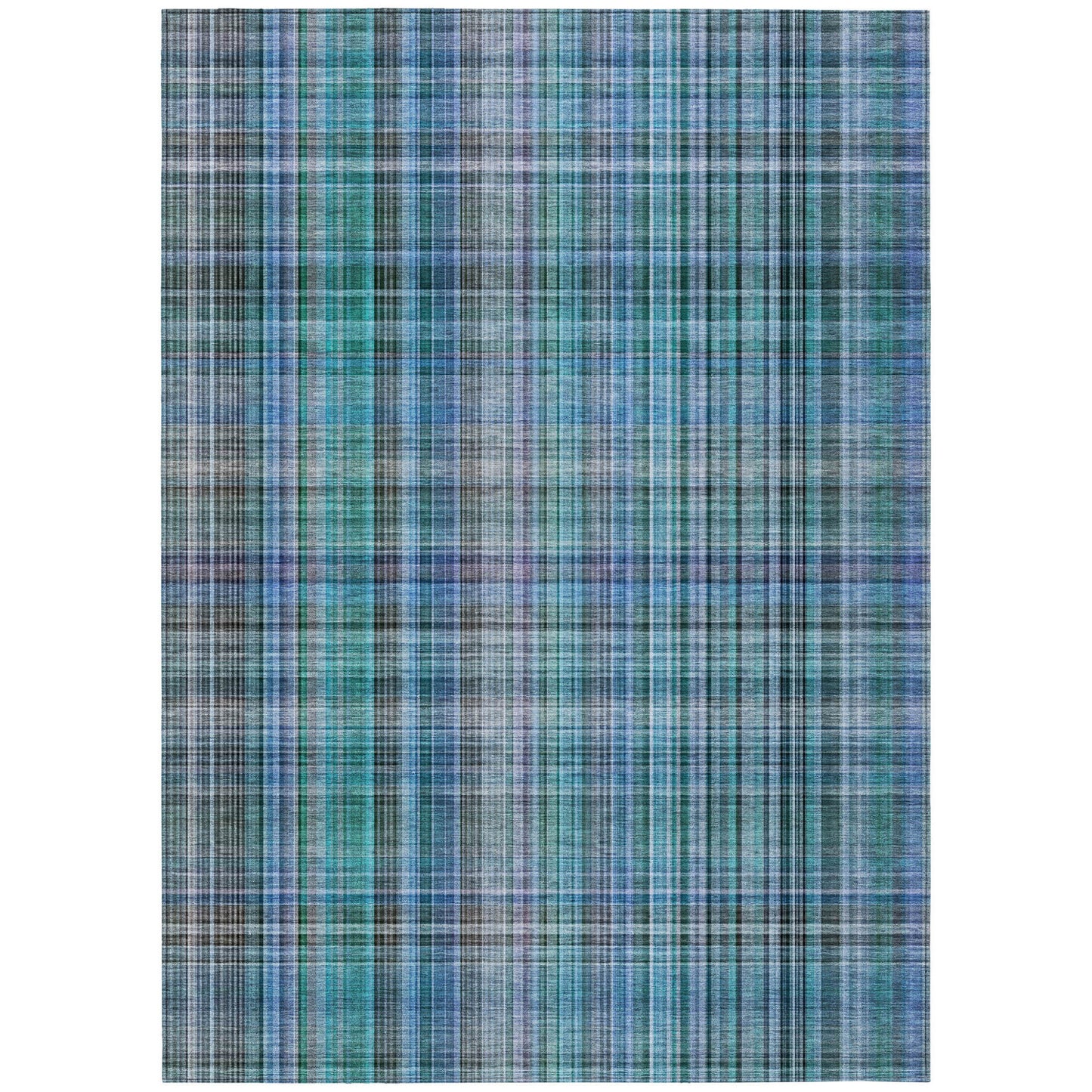 8' X 10' Blue Teal and Gray Plaid Washable Non Skid Indoor Outdoor Area Rug