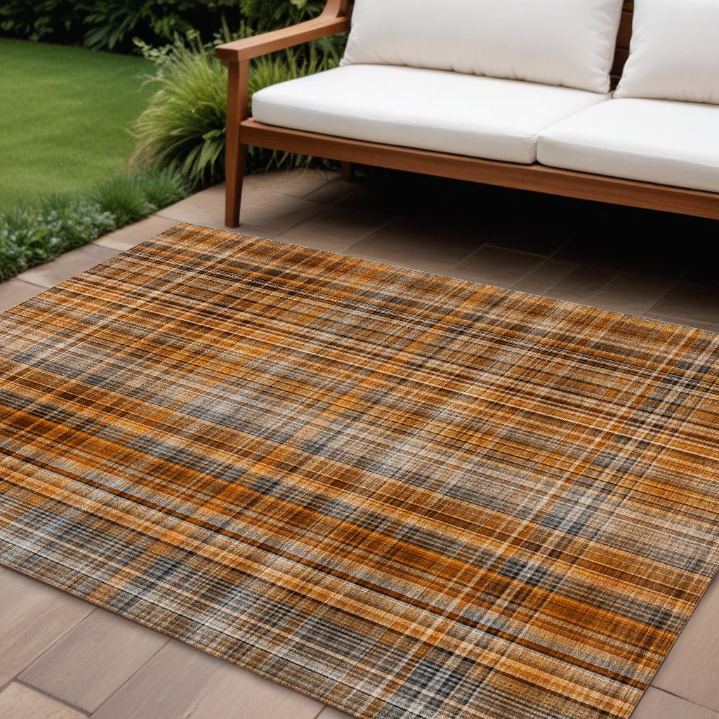 8' X 10' Terra Cotta Plaid Washable Non Skid Indoor Outdoor Area Rug