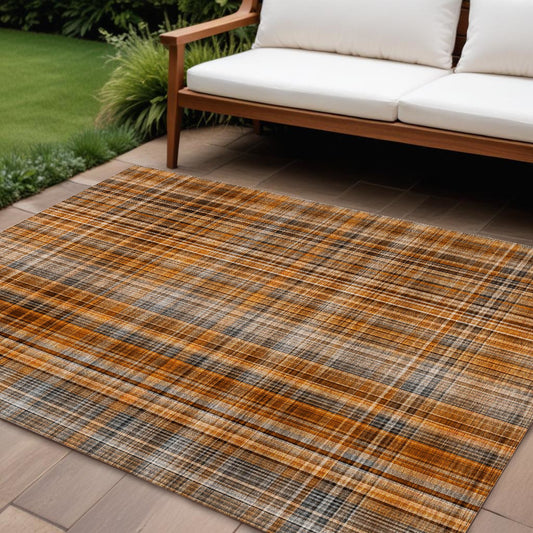 8' X 10' Terra Cotta Plaid Washable Non Skid Indoor Outdoor Area Rug