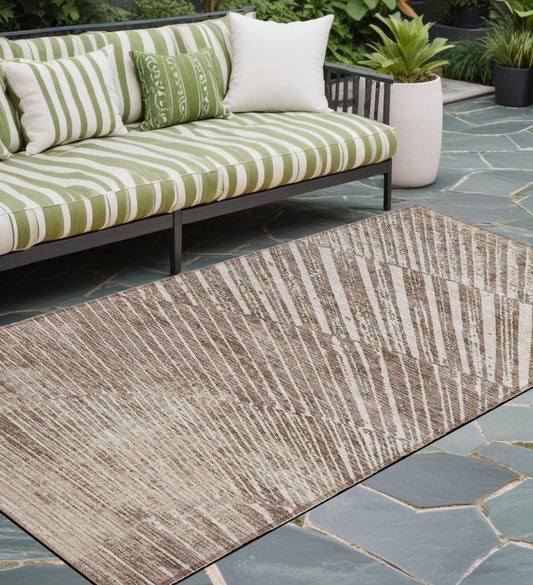 8' Runner Taupe and Ivory Abstract Washable Non Skid Indoor Outdoor Runner Rug