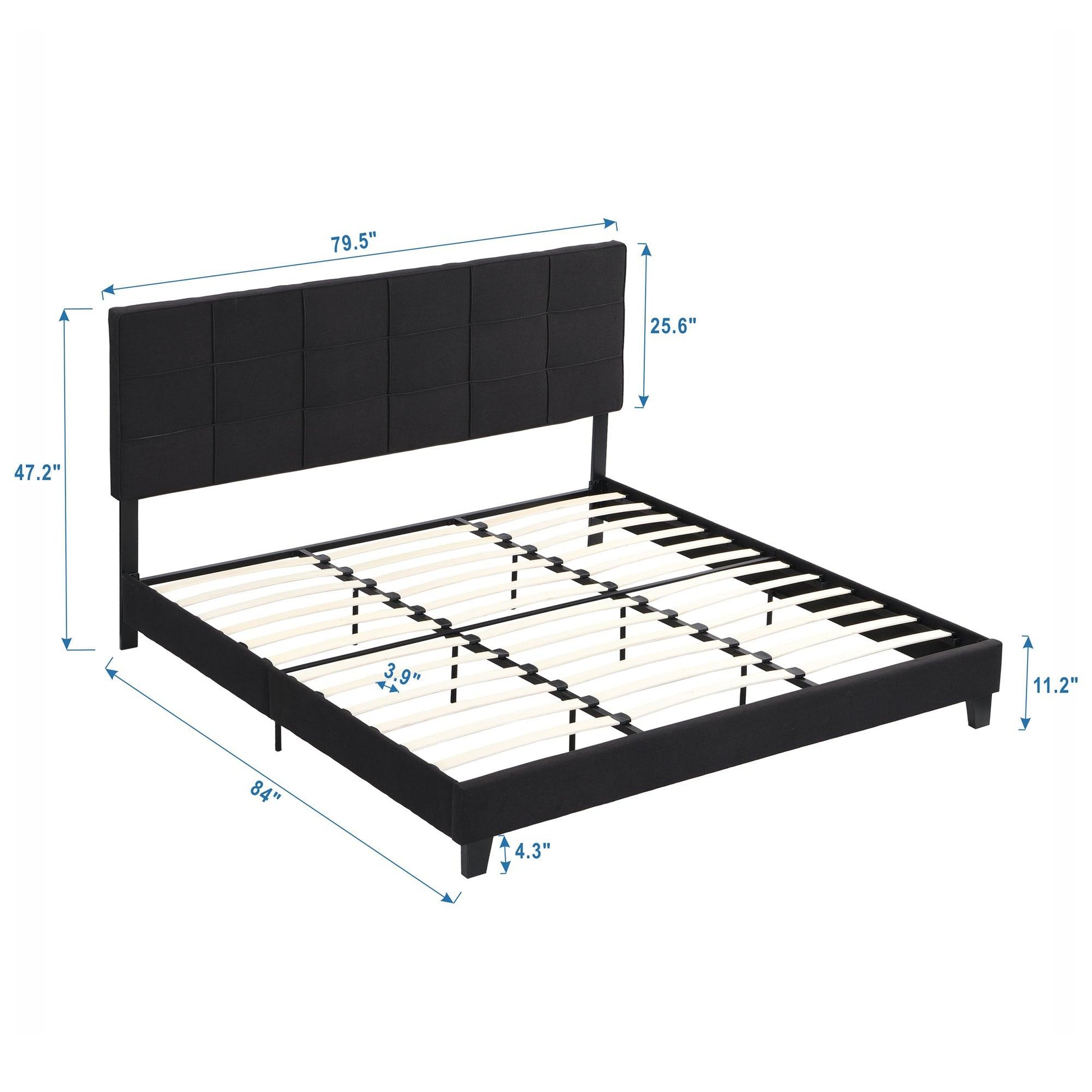 King Size Upholstered Platform Bed Frame with Linen Fabric Headboard BLACK - FurniFindUSA