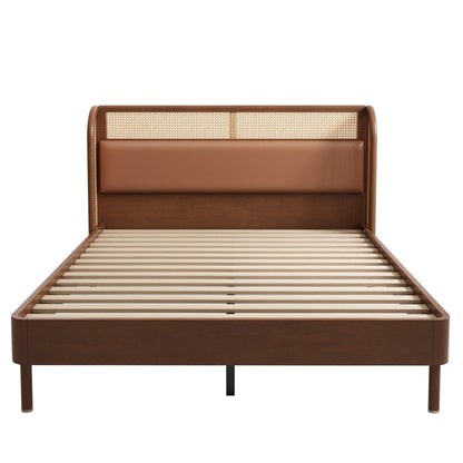 Modern Cannage Rattan Wood Platform Queen Bed Walnut - FurniFindUSA