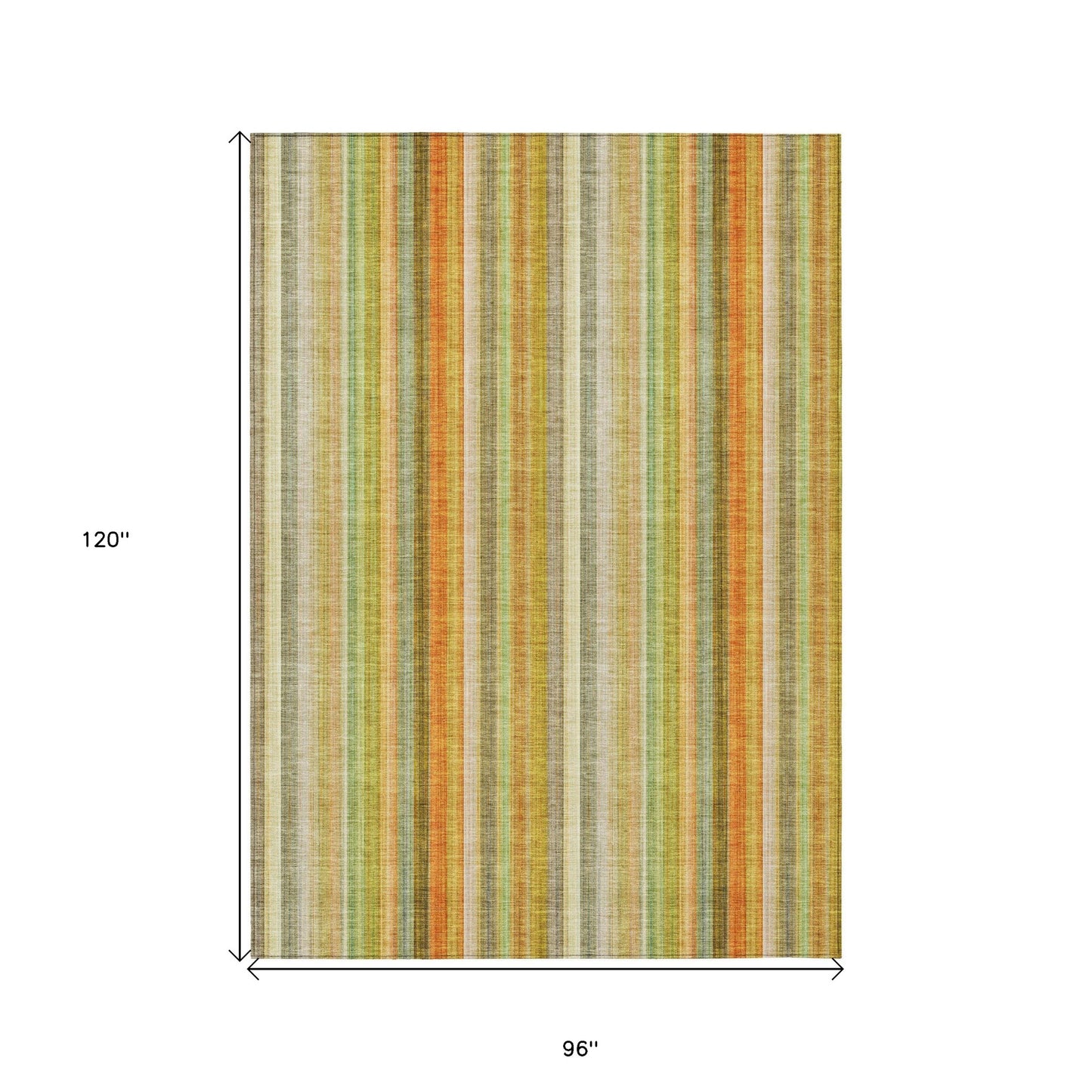 8' X 10' Tan Orange and Green Striped Washable Non Skid Indoor Outdoor Area Rug