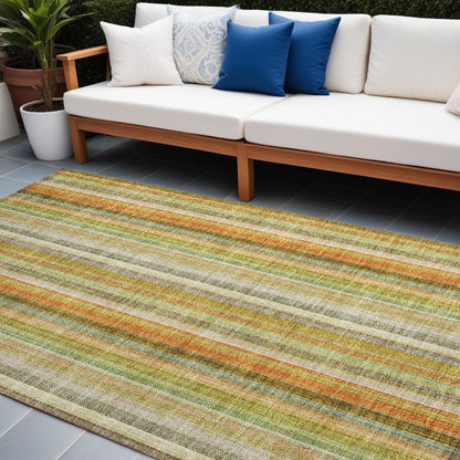 8' X 10' Tan Orange and Green Striped Washable Non Skid Indoor Outdoor Area Rug