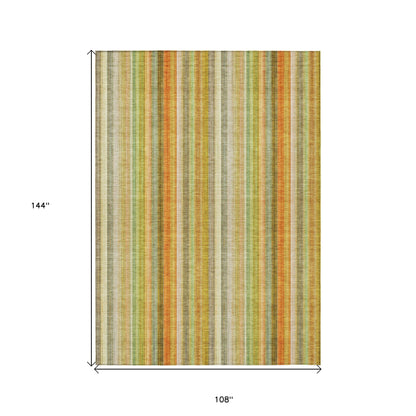 9' X 12' Tan Orange and Green Striped Washable Non Skid Indoor Outdoor Area Rug