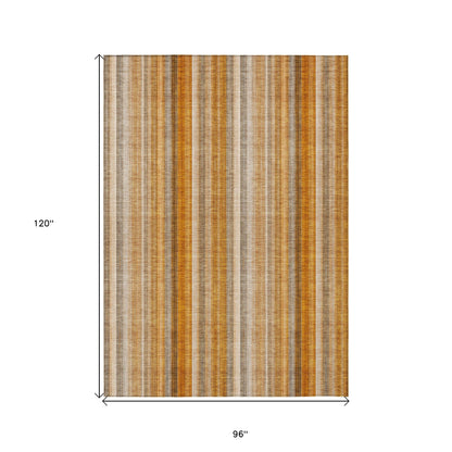 8' X 10' Orange Ivory and Gray Striped Washable Non Skid Indoor Outdoor Area Rug