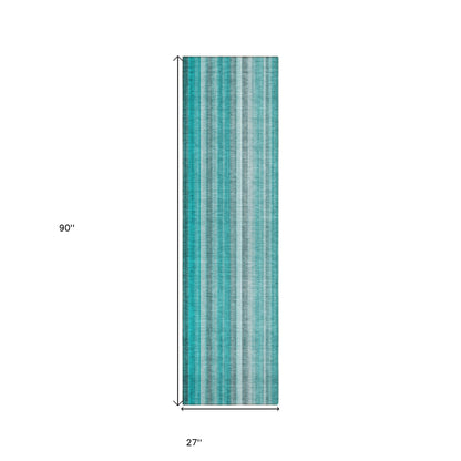 8' Runner Teal and Gray Striped Washable Non Skid Indoor Outdoor Runner Rug