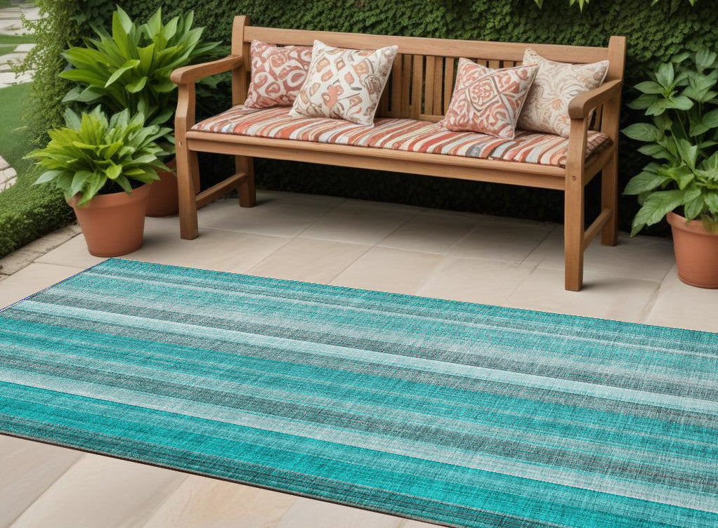 8' Runner Teal and Gray Striped Washable Non Skid Indoor Outdoor Runner Rug