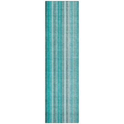 8' Runner Teal and Gray Striped Washable Non Skid Indoor Outdoor Runner Rug