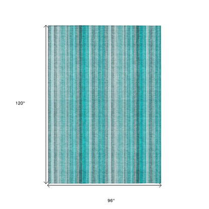 8' X 10' Teal and Gray Striped Washable Non Skid Indoor Outdoor Area Rug