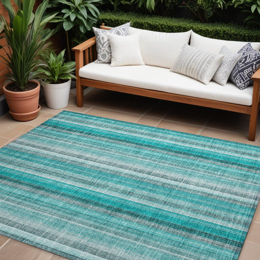 8' X 10' Teal and Gray Striped Washable Non Skid Indoor Outdoor Area Rug