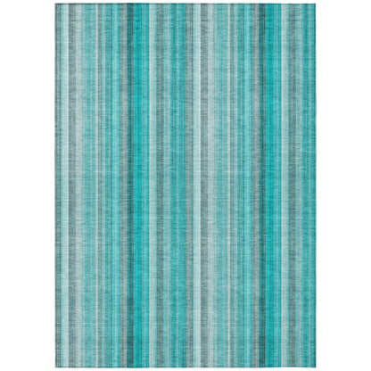 8' X 10' Teal and Gray Striped Washable Non Skid Indoor Outdoor Area Rug