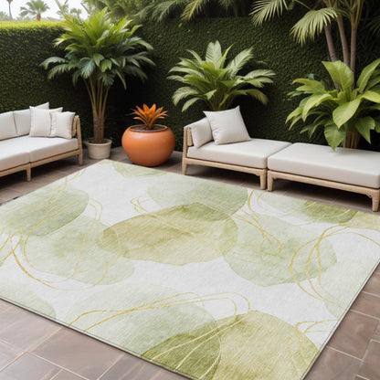 8' X 10' Green and Ivory Abstract Washable Non Skid Indoor Outdoor Area Rug