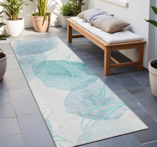 8' Runner Teal and Ivory Abstract Washable Non Skid Indoor Outdoor Runner Rug