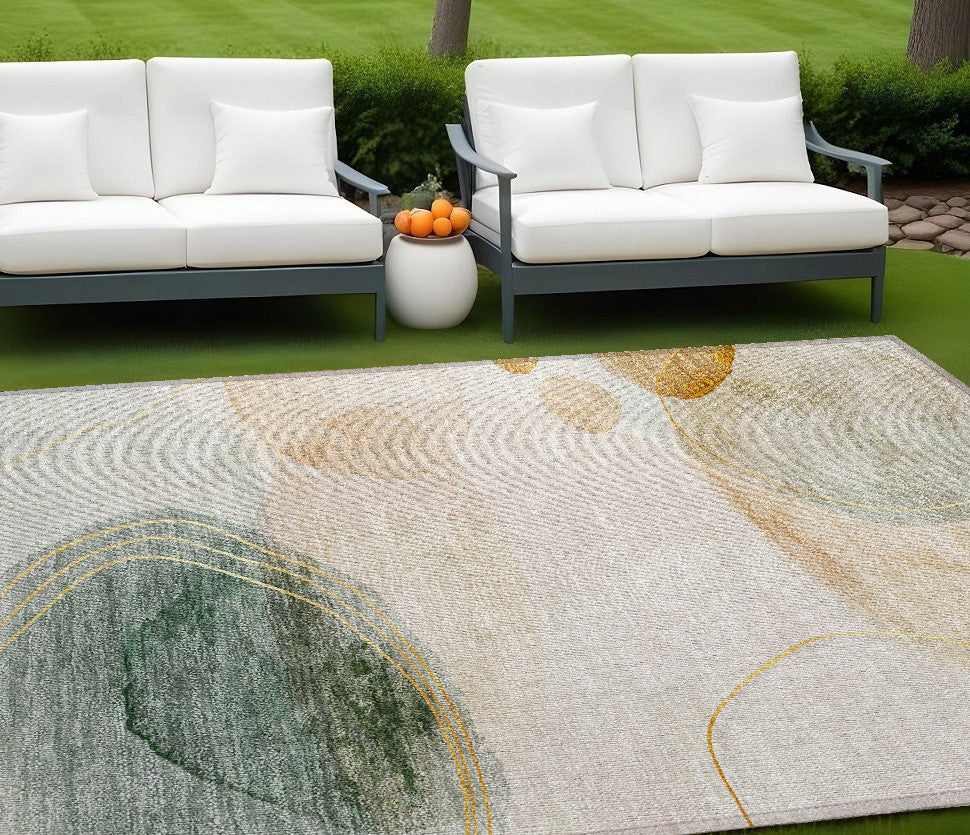 9' X 12' Beige and Green Abstract Washable Non Skid Indoor Outdoor Area Rug