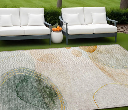 9' X 12' Beige and Green Abstract Washable Non Skid Indoor Outdoor Area Rug