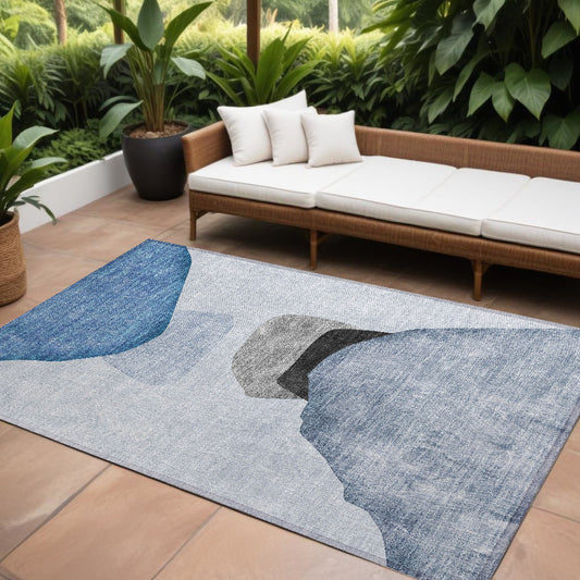 8' X 10' Blue Gray and Black Abstract Washable Non Skid Indoor Outdoor Area Rug