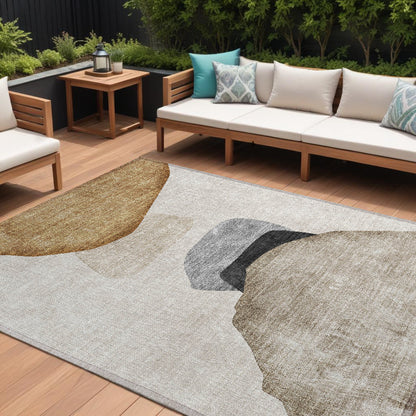 9' X 12' Tan Brown and Gray Abstract Washable Non Skid Indoor Outdoor Area Rug