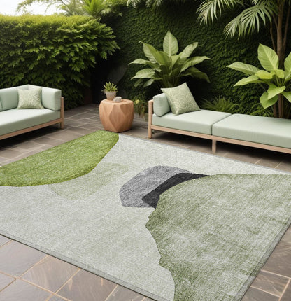 8' X 10' Green Black and Gray Abstract Washable Non Skid Indoor Outdoor Area Rug