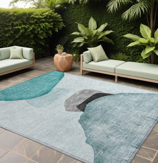 8' X 10' Ivory Teal and Gray Abstract Washable Non Skid Indoor Outdoor Area Rug