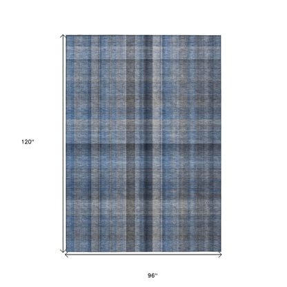 8' X 10' Blue Plaid Washable Non Skid Indoor Outdoor Area Rug