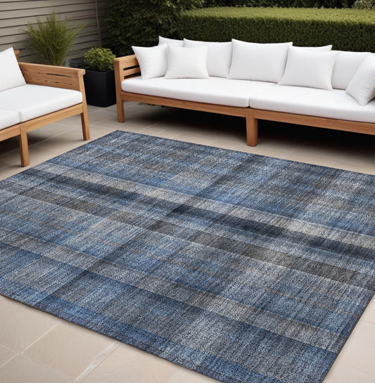 8' X 10' Blue Plaid Washable Non Skid Indoor Outdoor Area Rug